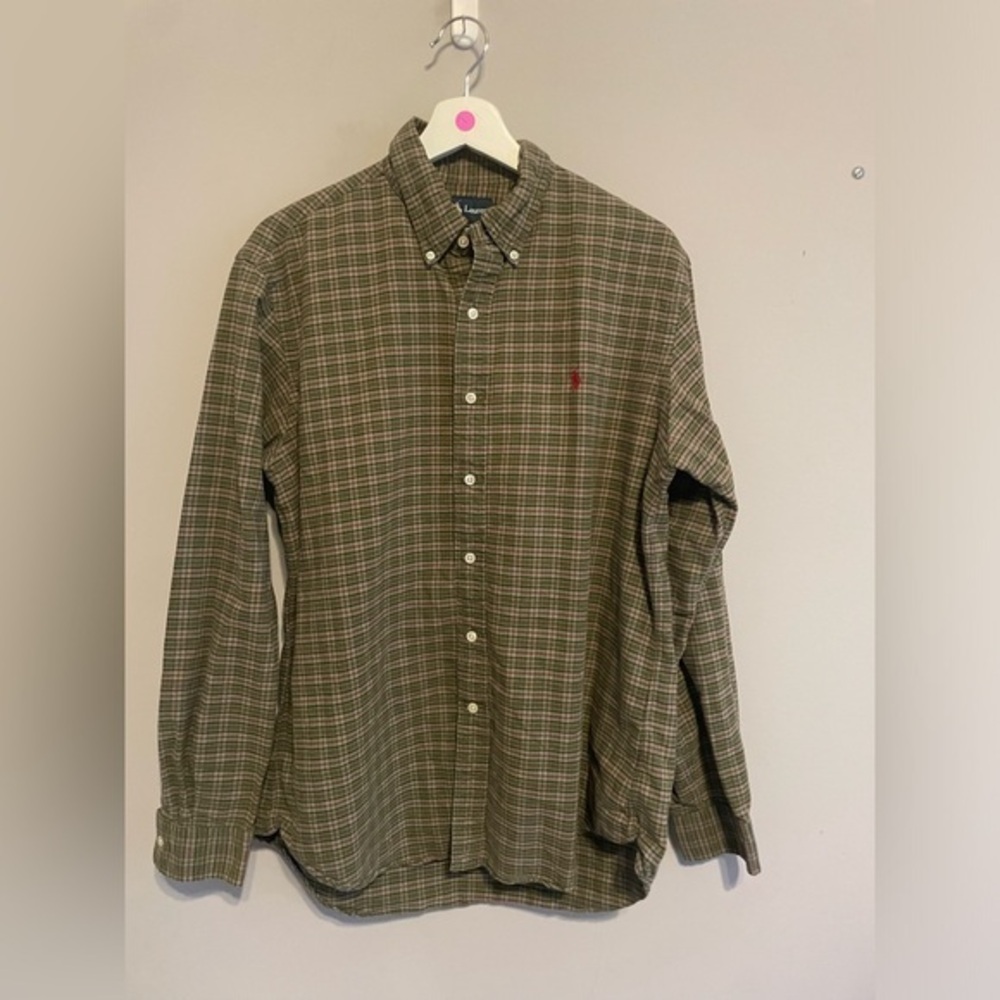 RALPH LAUREN Long Sleeve‎ Olive Green Plaid Button Down Dress Shirt Sz Large